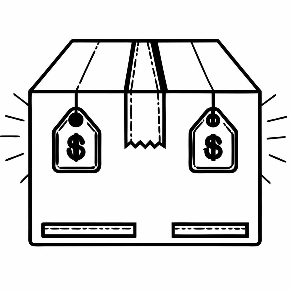 Delivery box with holographic offer icons concept as A delivery box sits on a glossy white surface with two holographic icons hovering a glowing discount tag and a dollar sign symb Square Square vector