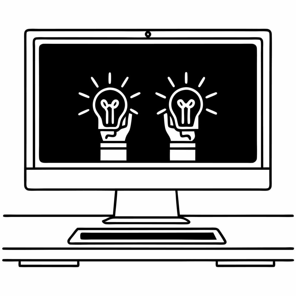 Desktop Monitor with Holographic Hands and Lightbulb concept as A desktop monitor on a glossy white desk features two holographic icons above hands holding a lightbulb symbolizing Square Square vector