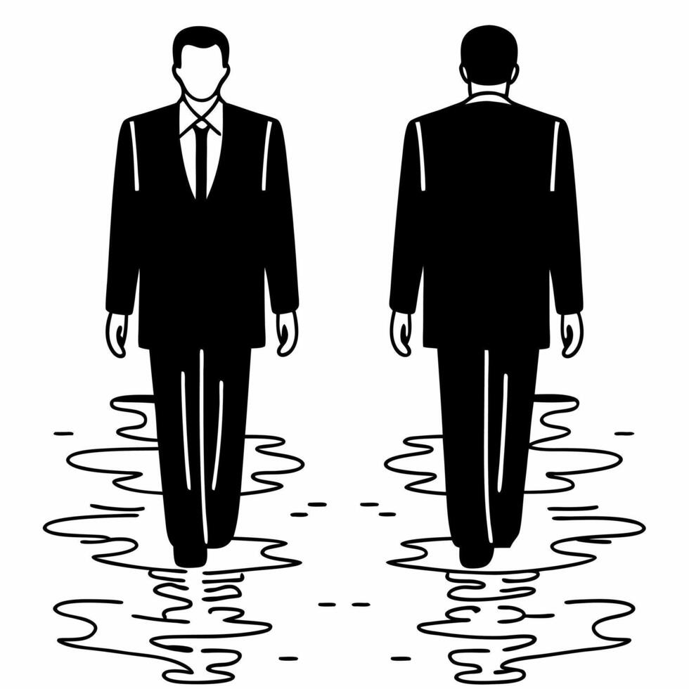 Flat Bokeh business figures walking on water concept as Wide shot of business figures appearing to walk on water their forms created by bokeh lights Camera pans to show their refl Square Square vector