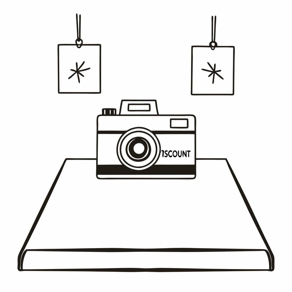 Flat Camera with holographic discount sign concept as A camera rests on a glossy white platform with two floating holographic symbols above a discount tag and a percentage icon rep Square Square vector