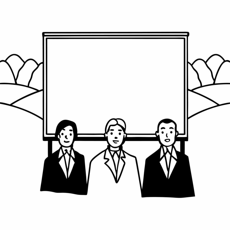 Flat Candid Business Meeting Outdoors concept as A candid shot of professionals engaged in a lively discussion outdoors with a green landscape in the background set against a white Square Square vector