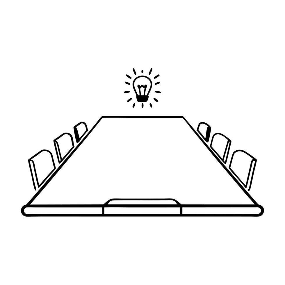 Flat Conference Table with Holographic Hands and Lightbulb concept as A conference table on a glossy white floor has two holographic icons hovering above hands shaking and a lightb Square Square vector