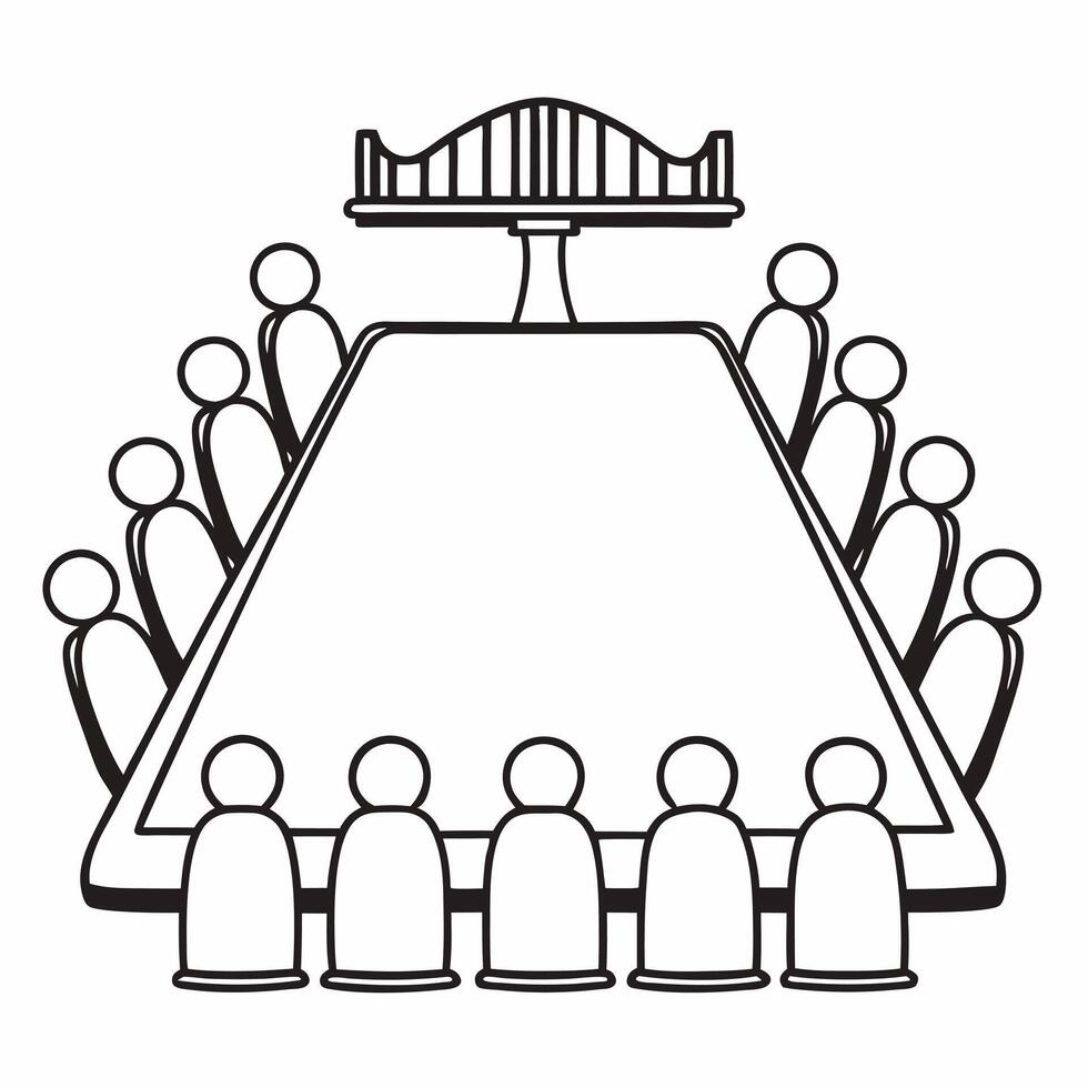 Flat Conference Table with Holographic Bridge and Community concept as A conference table on a glossy white floor has two holographic icons hovering above a bridge symbolizing comp Square Set 2 Square vector