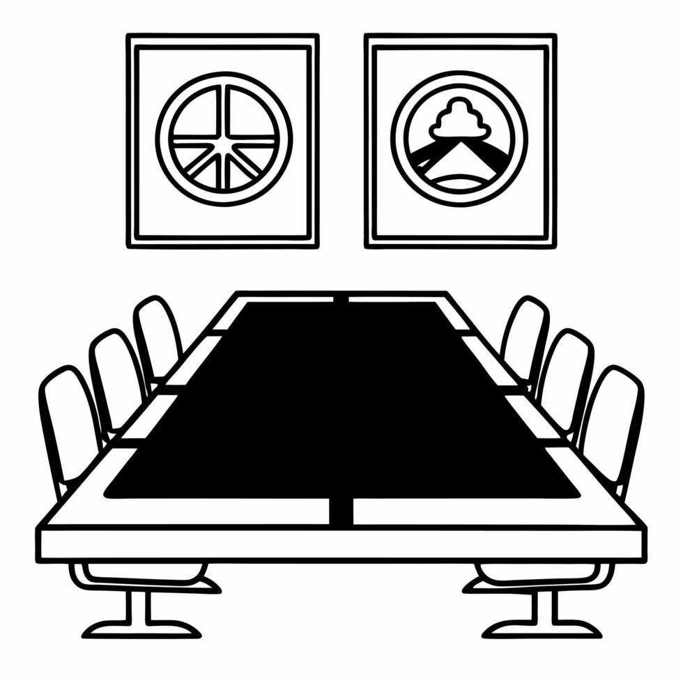 Flat Conference Table with Holographic Bridge and Community concept as A conference table on a glossy white floor has two holographic icons hovering above a bridge symbolizing comp Square Square vector