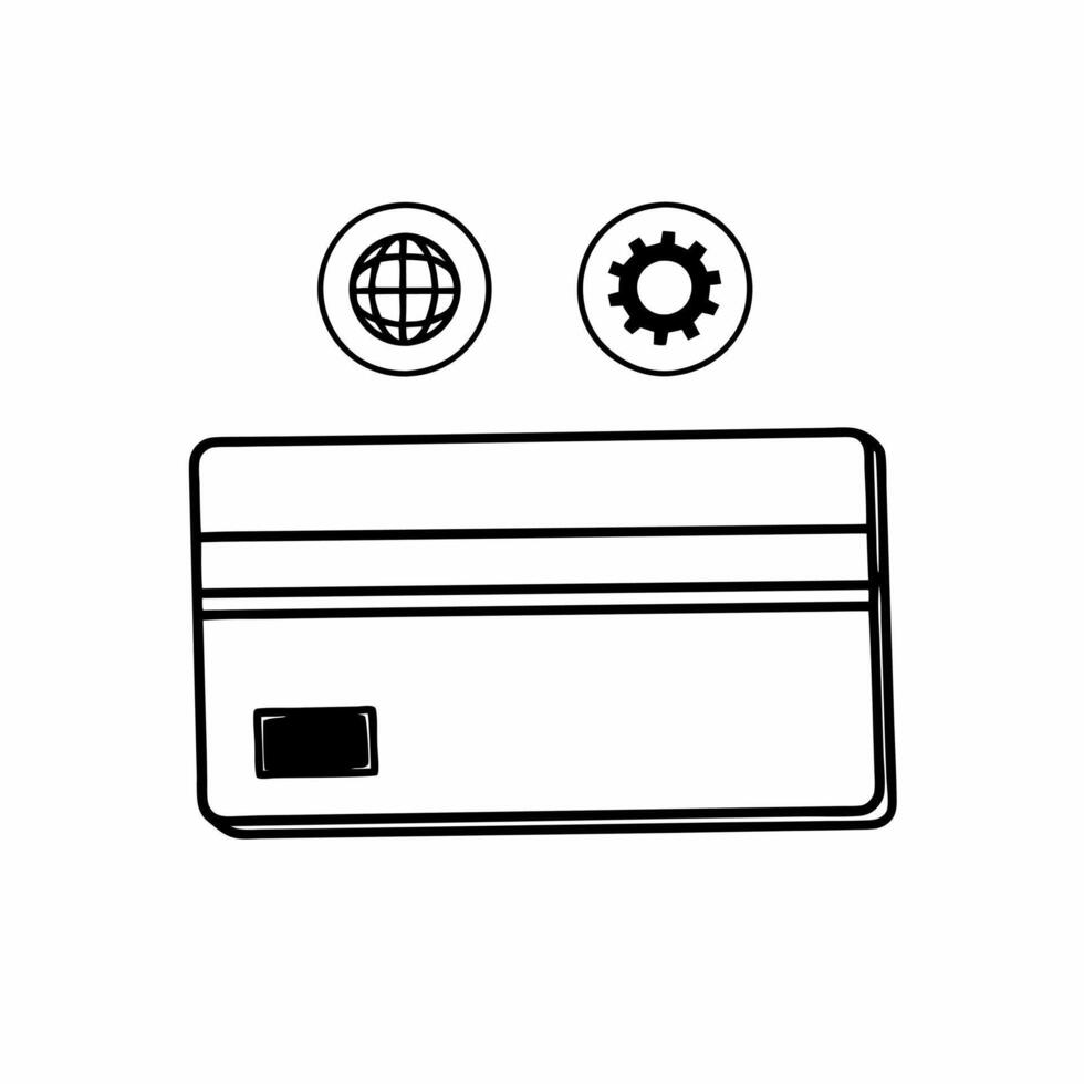 Flat Credit Card with Holographic Earth and Gear concept as A credit card lies flat on a glossy white surface with two holographic icons above an Earth and a gear symbolizing globa Square Square vector