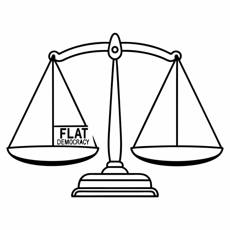 Flat Democracy scales in bokeh courtroom concept as Medium shot of scales of justice in a bokeh filled courtroom with democracy balanced against various policy issues Camera slowl Square Square vector