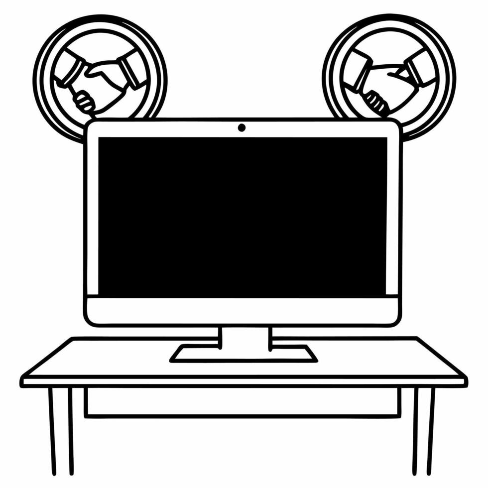Flat Desktop Monitor with Holographic Hands and Lightbulb concept as A desktop monitor on a glossy white desk features two holographic icons above hands holding a lightbulb symboli Square Set 2 Square vector