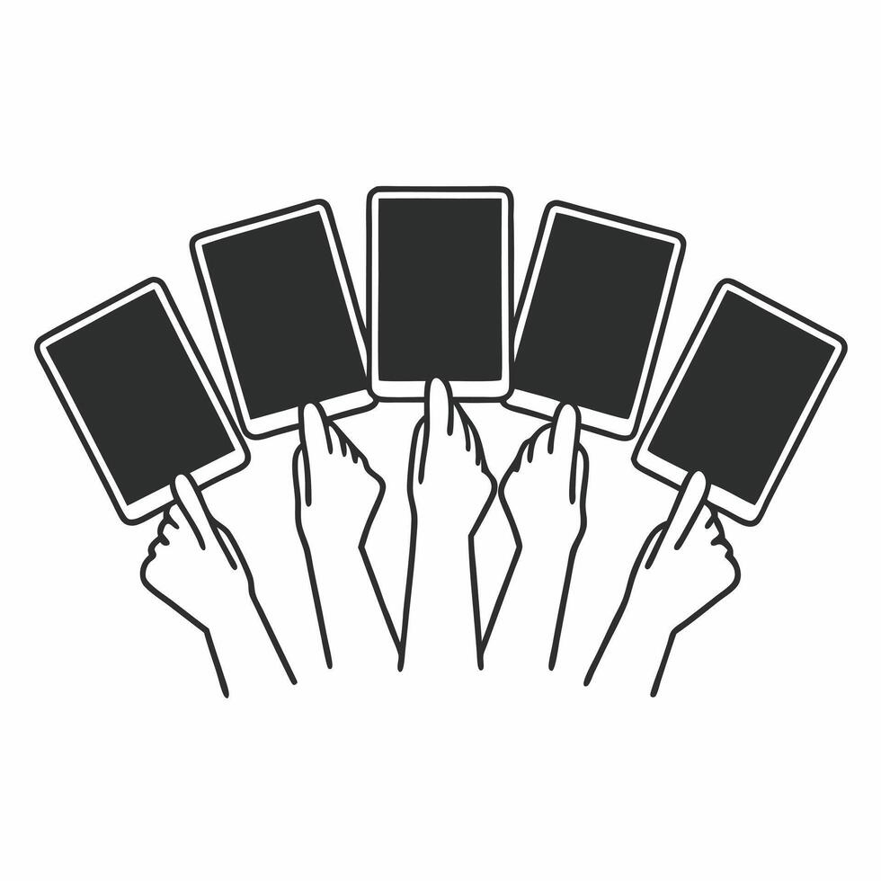 Flat Diverse hands raising voting cards concept as Wide angle view of a diverse group of hands holding up colorful voting cards against a soft out of focus background Camera slowl Square Set 2 Square vector
