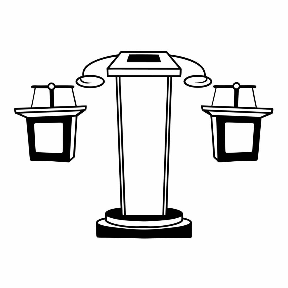 Flat Floating debate podiums with policy balance scales concept as Wide shot of two debate podiums floating in space with balance scales between them weighing policy options Camer Square Square vector
