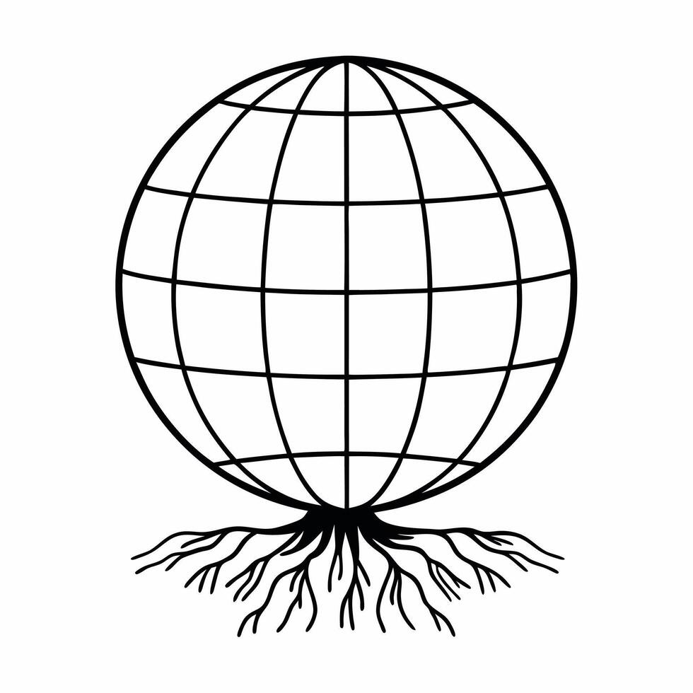Flat Floating Globe Growing Roots concept as A globe with roots extending downward floats mid air against a white background The camera captures a straight on shot symbolizing glo Square Square vector