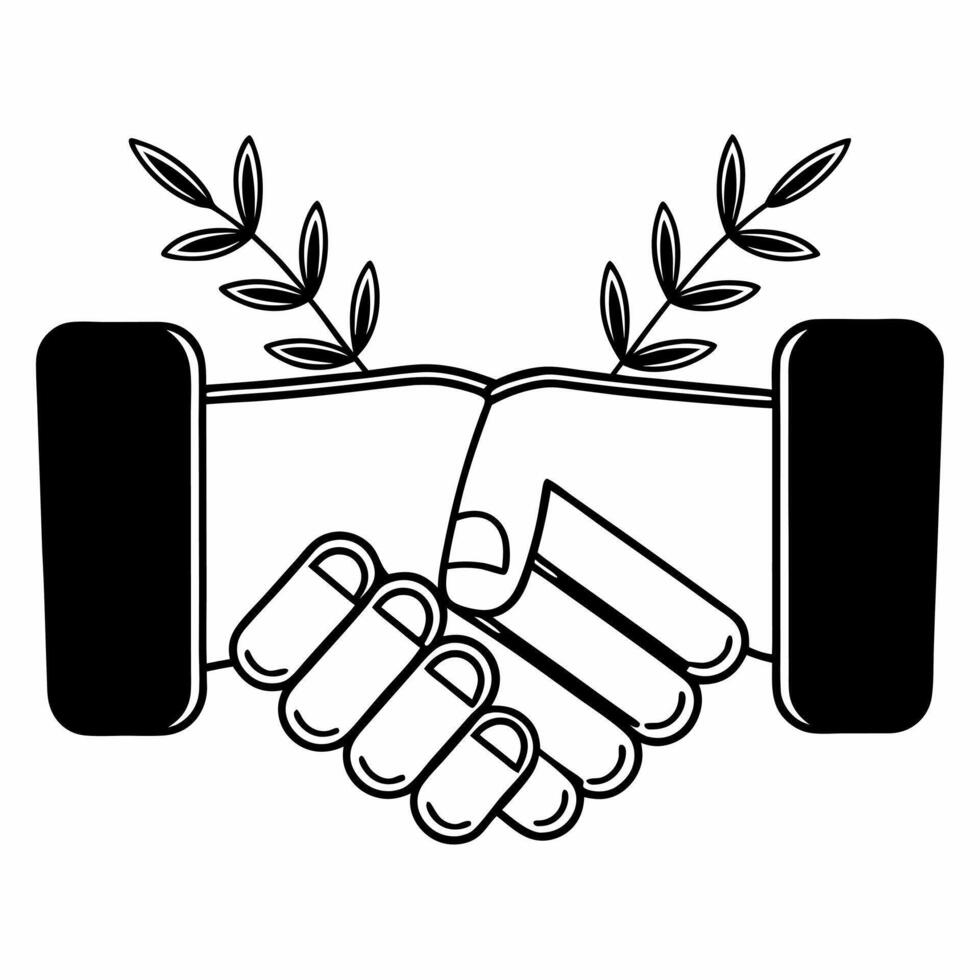 Flat Floating handshake sprouting leaves concept as Close up of two hands forming a handshake suspended in mid air with small green leaves sprouting from the wrists Camera slowly Square Square vector