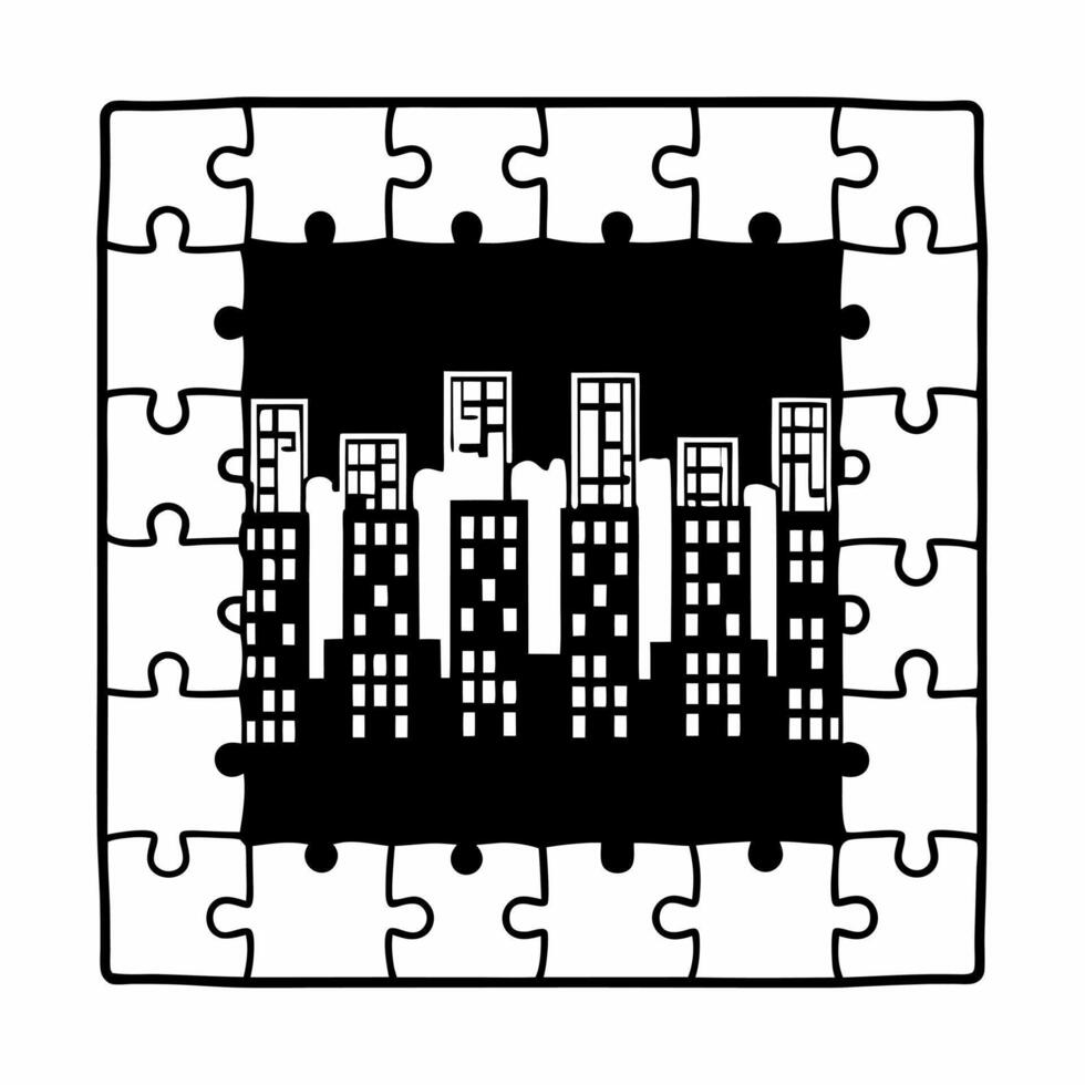 Flat Floating puzzle pieces forming cityscape concept as Close up of holographic puzzle pieces assembling in mid air to create a futuristic cityscape Camera slowly zooms out to sh Square Square vector
