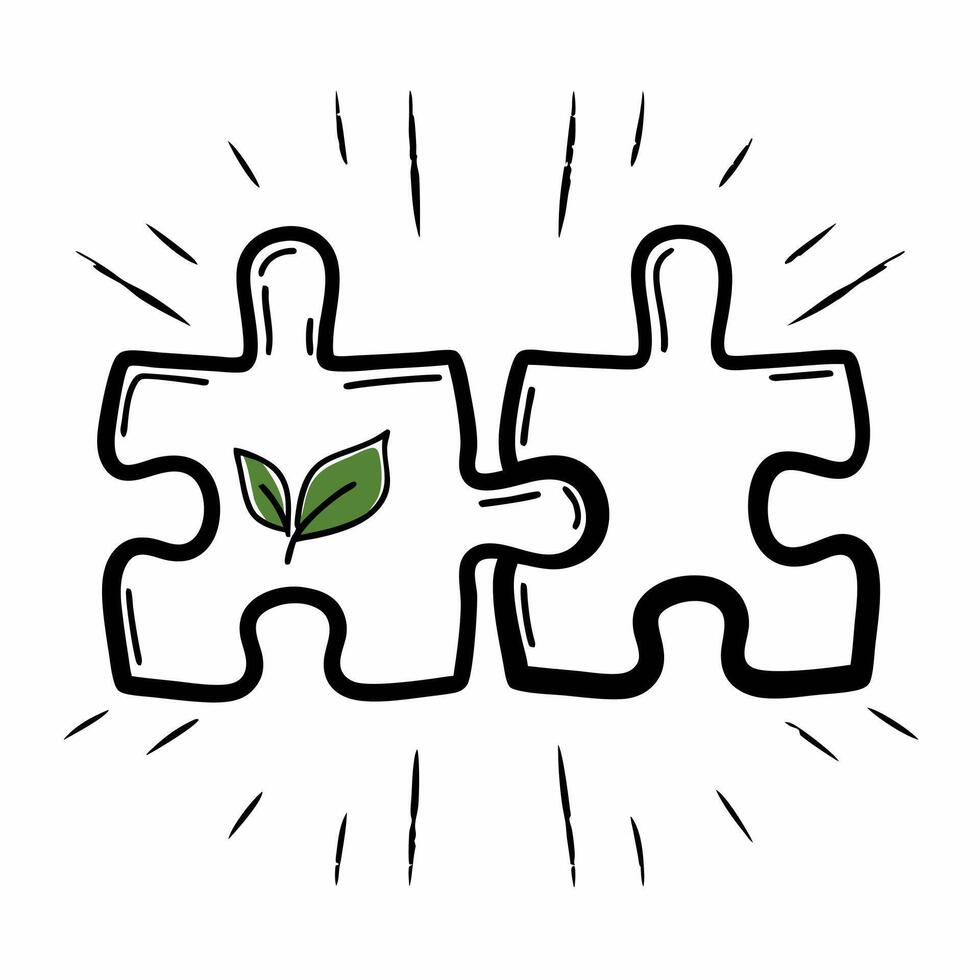 Flat Floating Puzzle Pieces with Green Leaf concept as Two puzzle pieces one featuring a green leaf appear to float and interlock mid air against a white background The camera ang Square Square vector