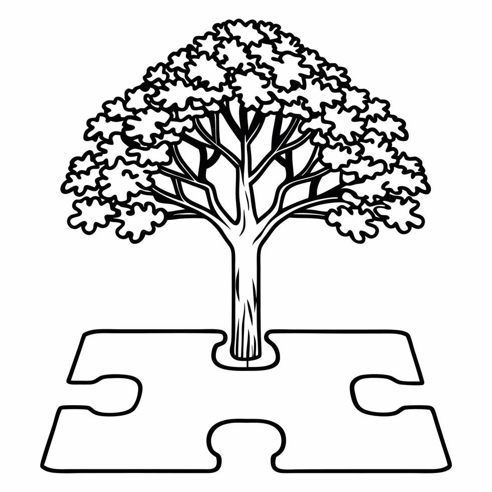 Flat Floating Tree Growing from Puzzle Piece concept as A tree grows out of a puzzle piece floating mid air against a white background The camera focuses on the merging point symb Square Square vector