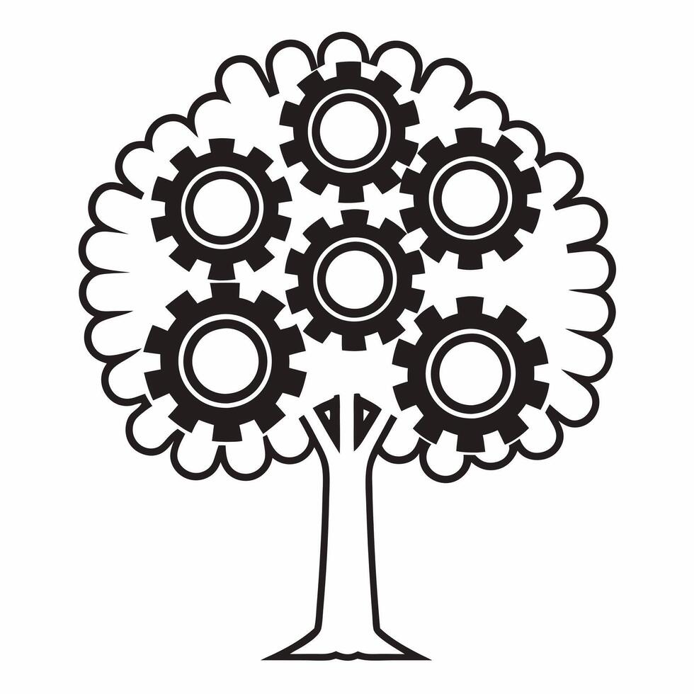 Flat Floating Tree Intertwined with Gear concept as A tree and gear intertwine as they float mid air against a white background The camera captures a slight angle to emphasize the Square Square vector