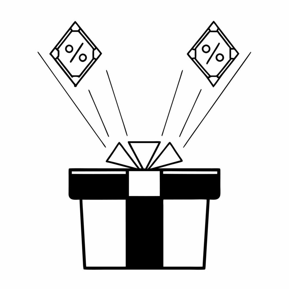 Flat Gift box with holographic sale symbols concept as A gift box sits on a glossy white background with two holographic icons floating above a glowing sale tag and a percentage sy Square Square vector