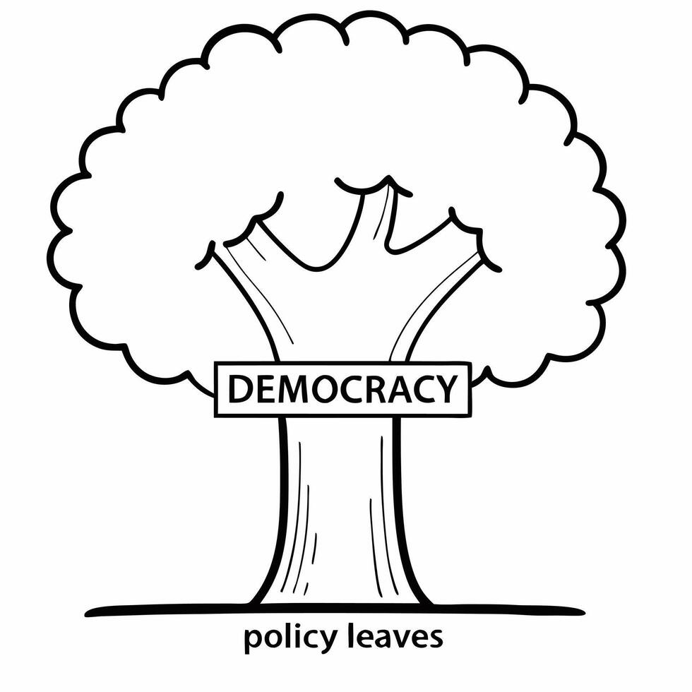 Flat Glossy democracy tree concept as Wide shot of a glossy tree with Democracy etched on the trunk and policy leaves Camera slowly zooms out to reveal the full tree Copy space o Square Square vector