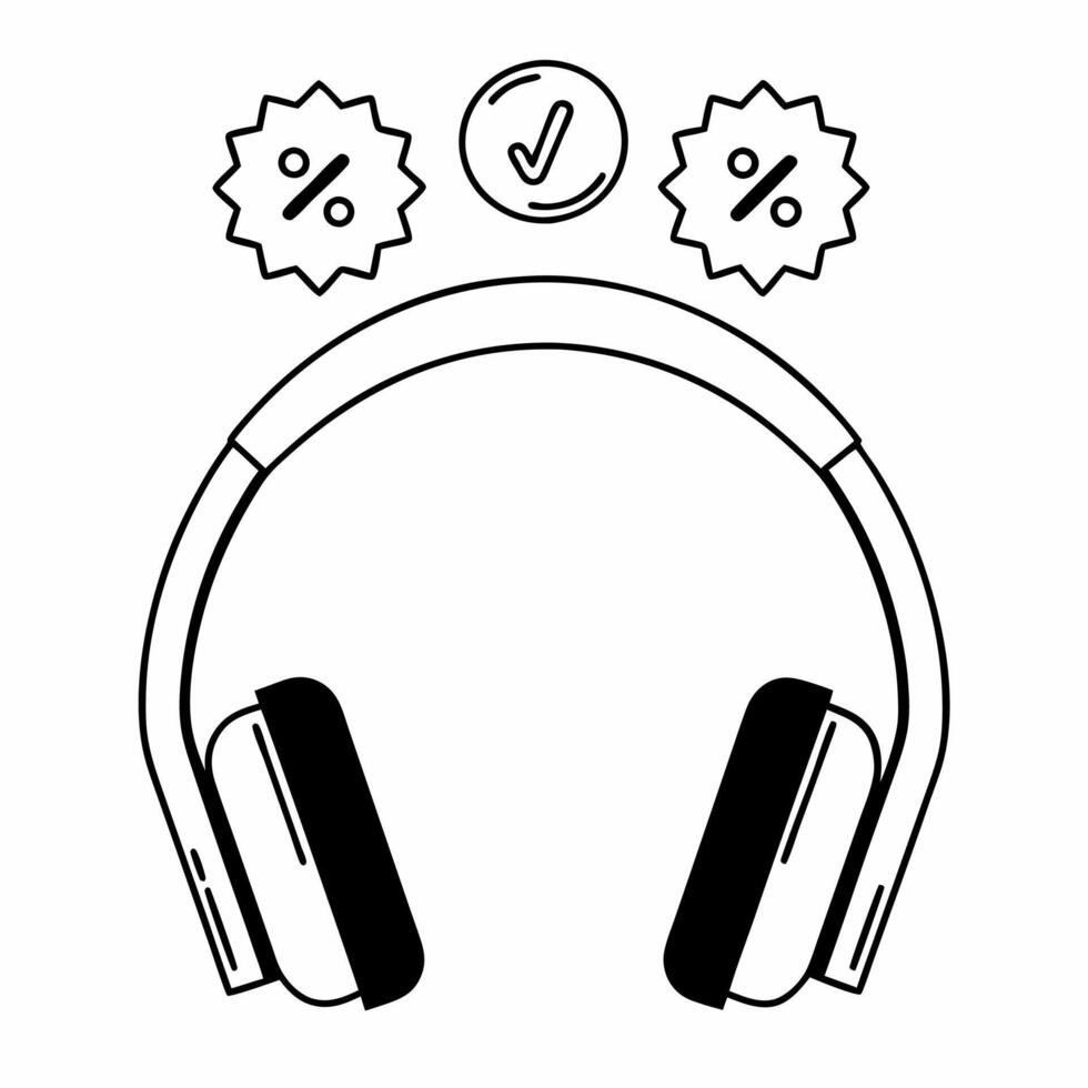 Flat Headphones with holographic deal icons concept as Modern headphones rest on a glossy white surface with two holographic icons floating above a glowing percentage symbol and a Square Square vector