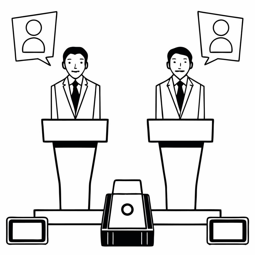 Flat Holographic debate stage with fact check bubbles concept as Close up of a holographic debate stage with real time fact check bubbles appearing above candidates Camera pans ac Square Square vector