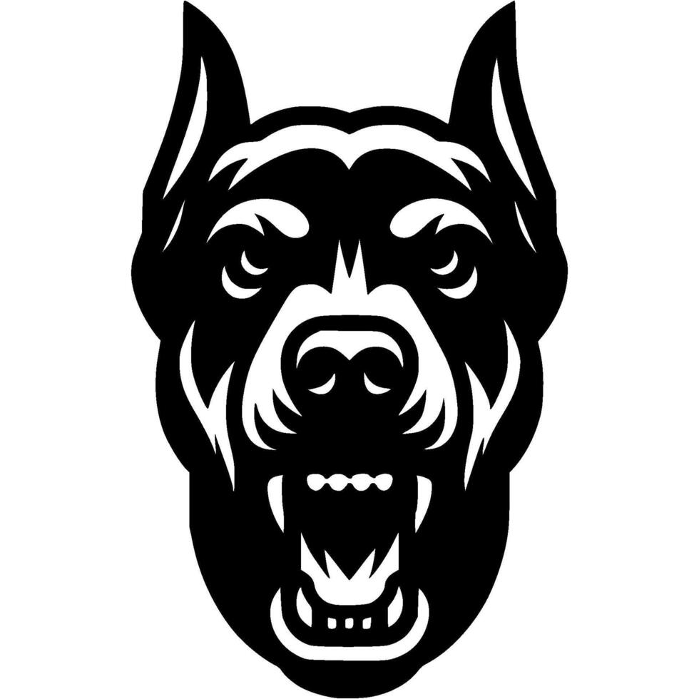 Tattoo of angry roaring Doberman dog head in monochrome. Doberman dog front view. Engraving minimalistic image in black ink drawing on white background vector