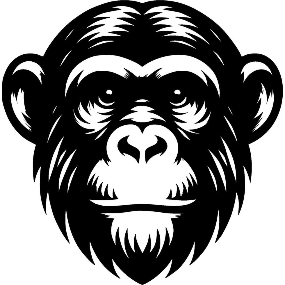 Tattoo of sullen male chimpanzee head in monochrome. Gloomy chimp portrait. Engraving minimalistic image in black ink drawing on white background vector