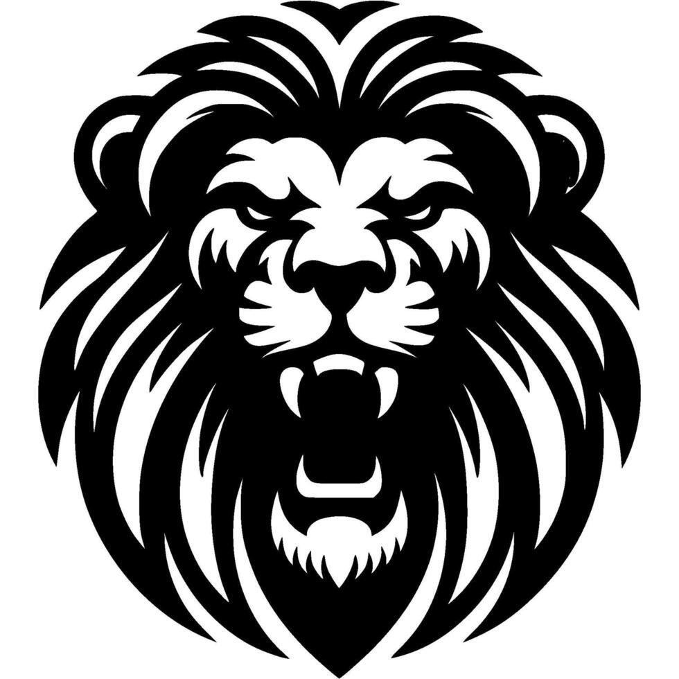 Tattoo of roaring lion front view head in monochrome. Wild lion. Engraving minimalistic image in black ink drawing on white background vector