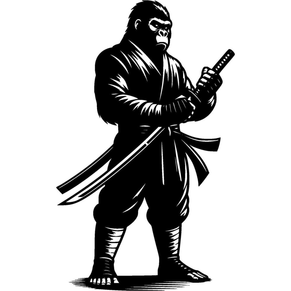 Ninja fighter gorilla armed with katana sword in fighting stance in monochrome. Wild baboon animal warrior. Tattoo minimalistic image in black ink drawing on white background vector