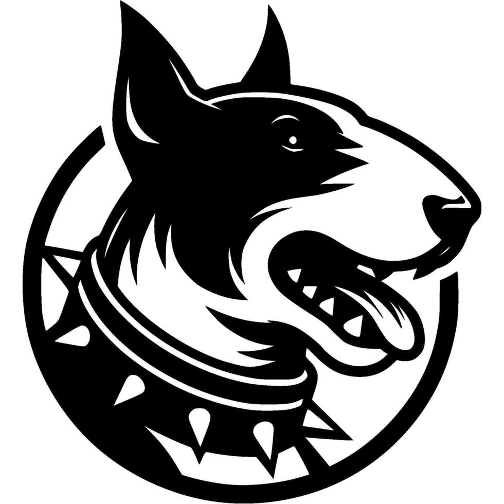 Tattoo of angry roaring Bull terrier head in monochrome. Bull terrier dog in spiked collar. Engraving minimalistic image in black ink drawing on white background vector