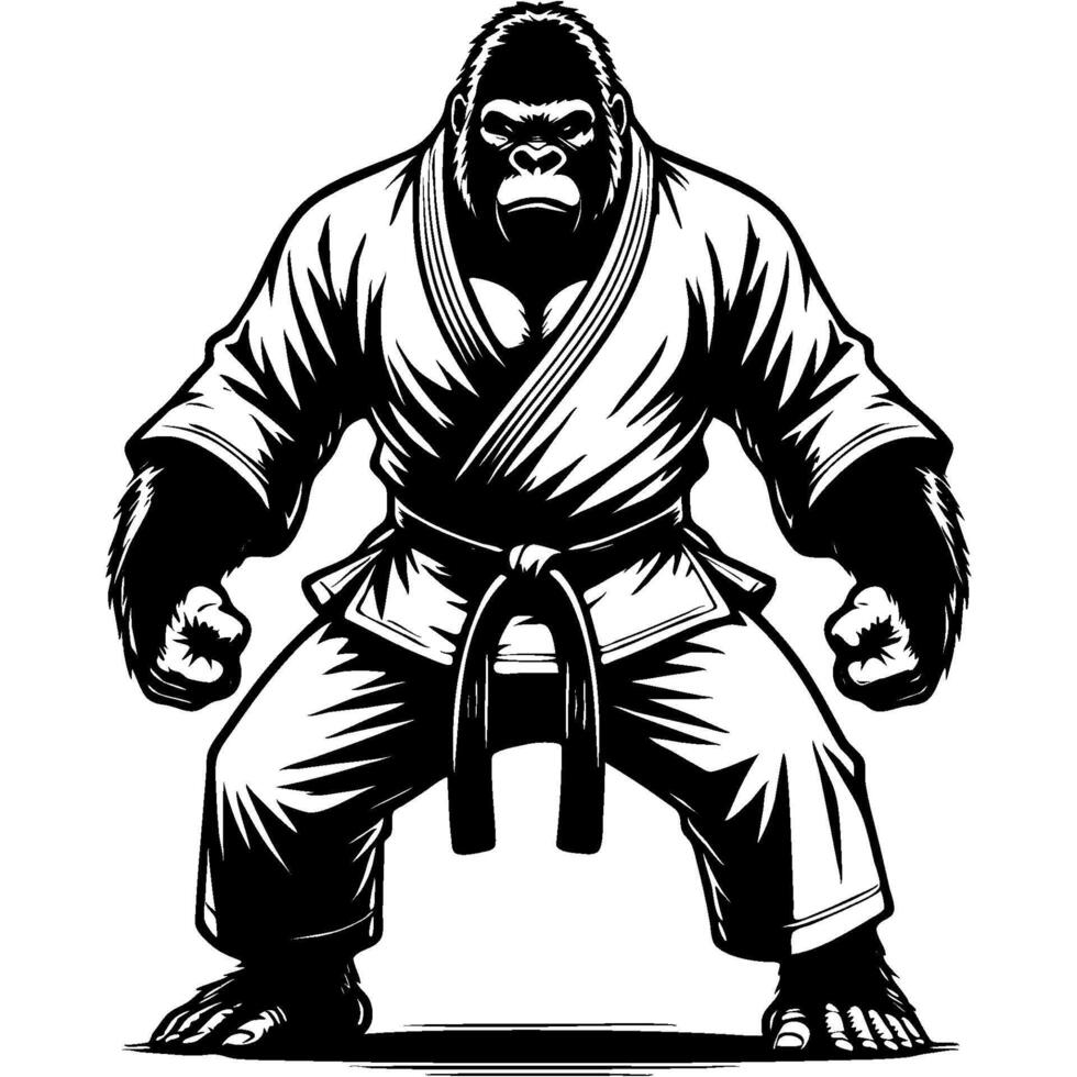 Karateka gorilla stands in fighting stance ready for tournament in monochrome. Wild baboon animal looks confidence. Tattoo minimalistic image in black ink drawing on white background vector