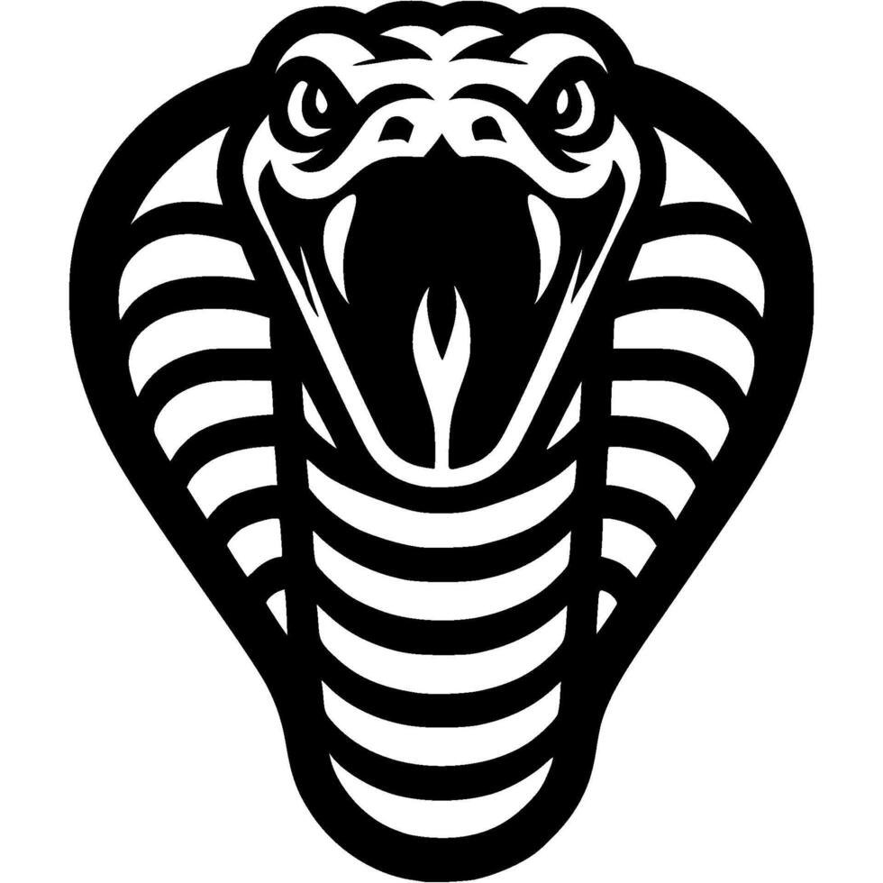 Tattoo of hissing and angry cobra snake head in monochrome. Wild cobra in madness. Engraving minimalistic image in black ink drawing on white background vector