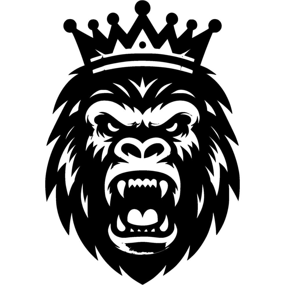 Tattoo of angry growling monkey with crown on his head in monochrome. BBB. Engraving minimalistic image in black ink drawing on white background vector