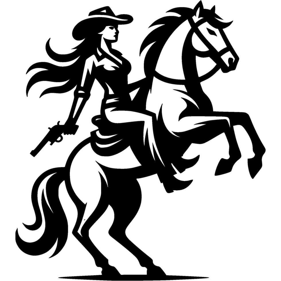 Tattoo emblem of girl sheriff in cowboy hat with gun riding horse in monochrome. Engraving minimalistic image in black ink drawing on white background vector