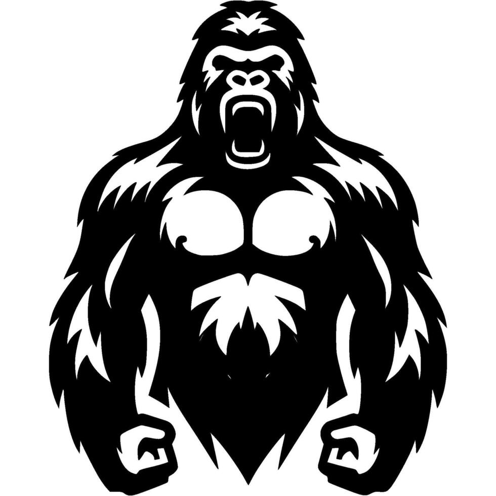 Tattoo of angry gorilla ready for battle in monochrome. Giant monkey clenched his fists and growled. Engraving minimalistic image in black ink drawing on white background vector