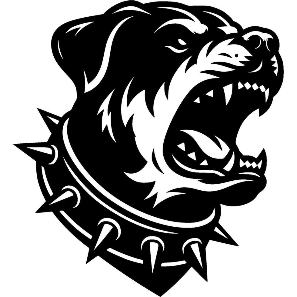 Tattoo of angry roaring Rottweiler dog head in monochrome. Rottweiler dog in spiked collar. Engraving minimalistic image in black ink drawing on white background vector