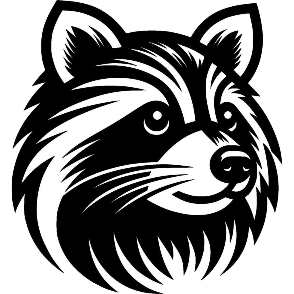 Tattoo of raccoon face close up side view in monochrome. Engraving minimalistic image in black ink drawing on white background vector