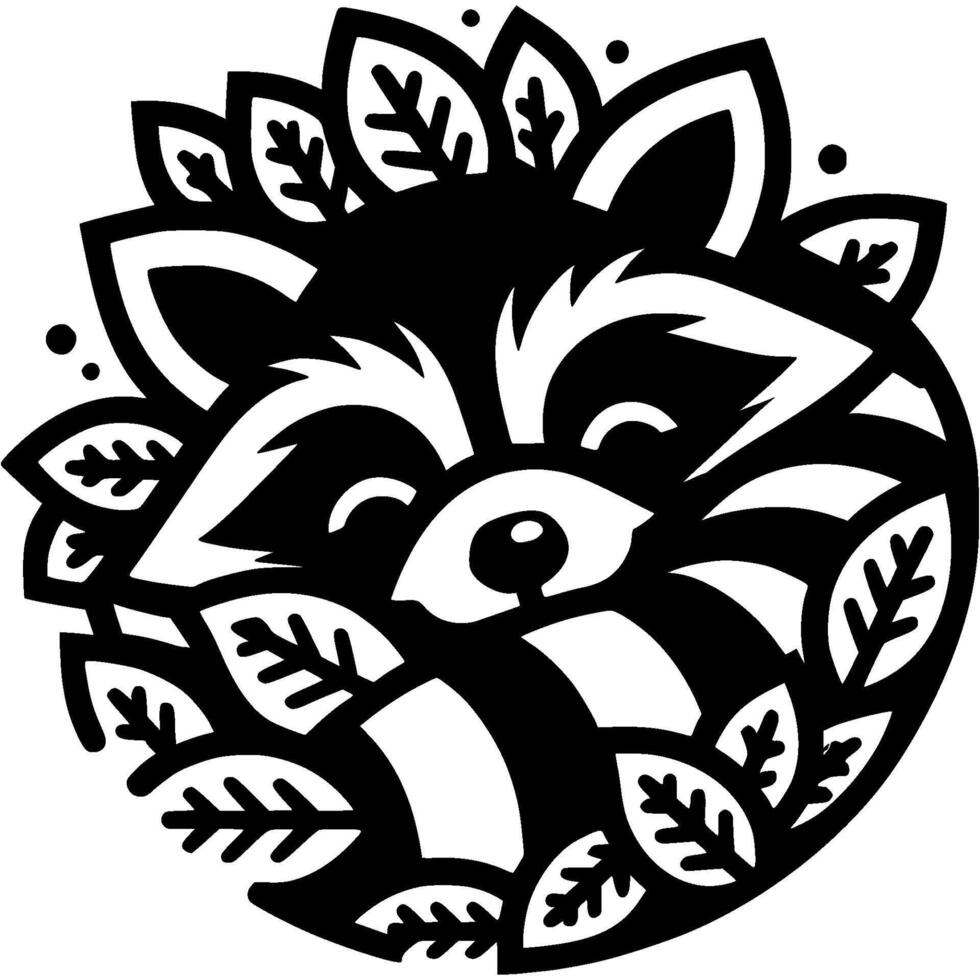 Raccoon sleeps comfortably in a pile of dry autumn leaves in monochrome. Engraving minimalistic image in black ink drawing on white background vector