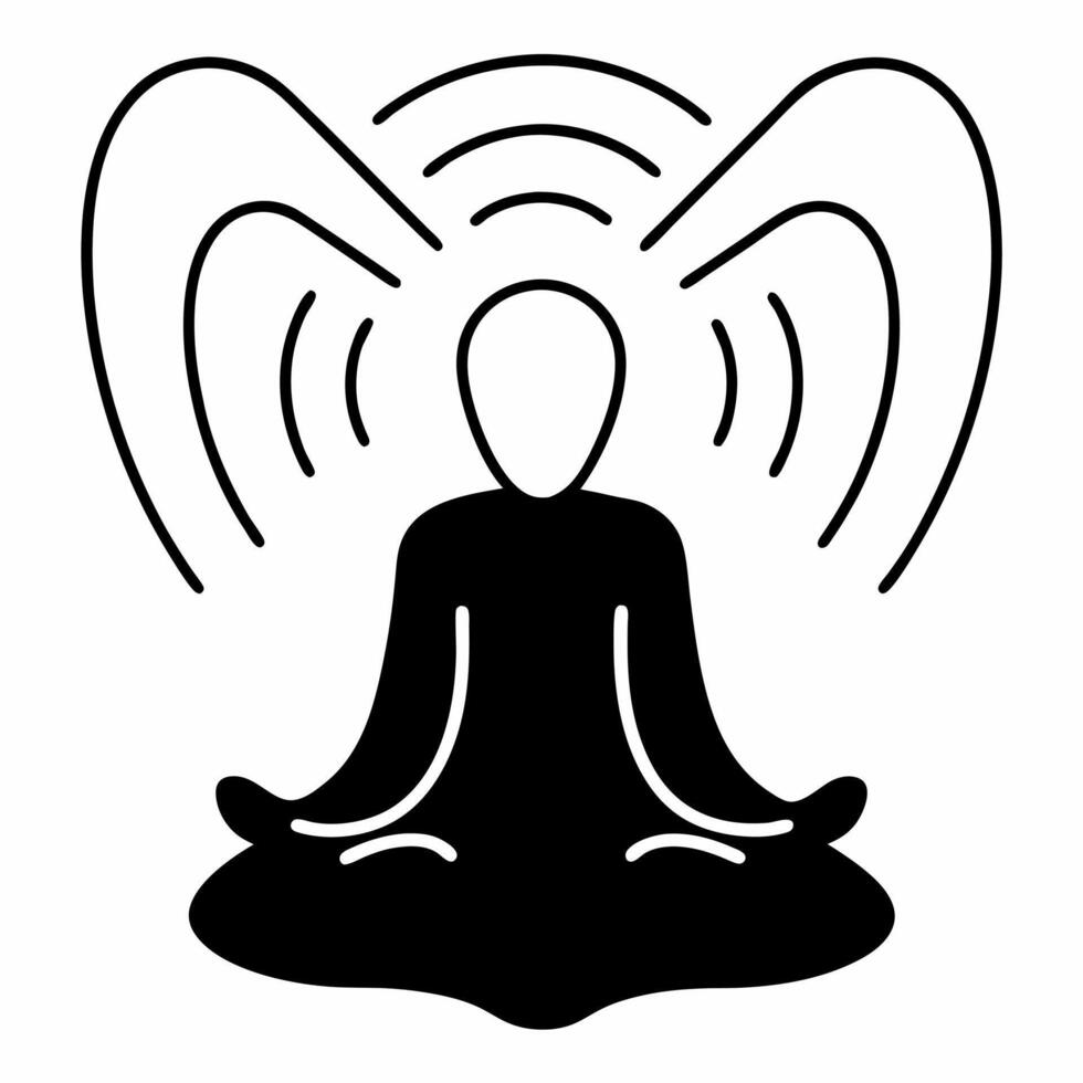 Flat Holographic meditation figure in lotus pose concept as Wide shot of a holographic figure in lotus pose emanating waves of calm Camera slowly zooms out to reveal the figures i Square Square vector