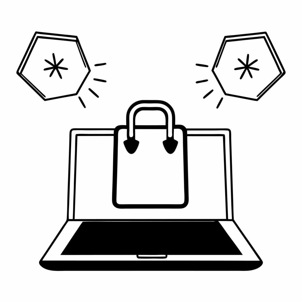 Flat Laptop bag with holographic offer icons concept as A laptop bag lies on a glossy white background with two holographic icons floating above a glowing discount tag and a buy bu Square Square vector