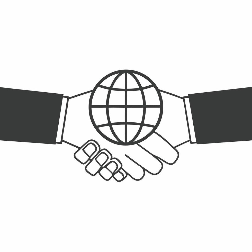 Flat Macro of Handshake Over Globe concept as A close up image of two hands shaking over a small globe The camera focuses on the handshake and globe symbolizing global compromise Square Square vector