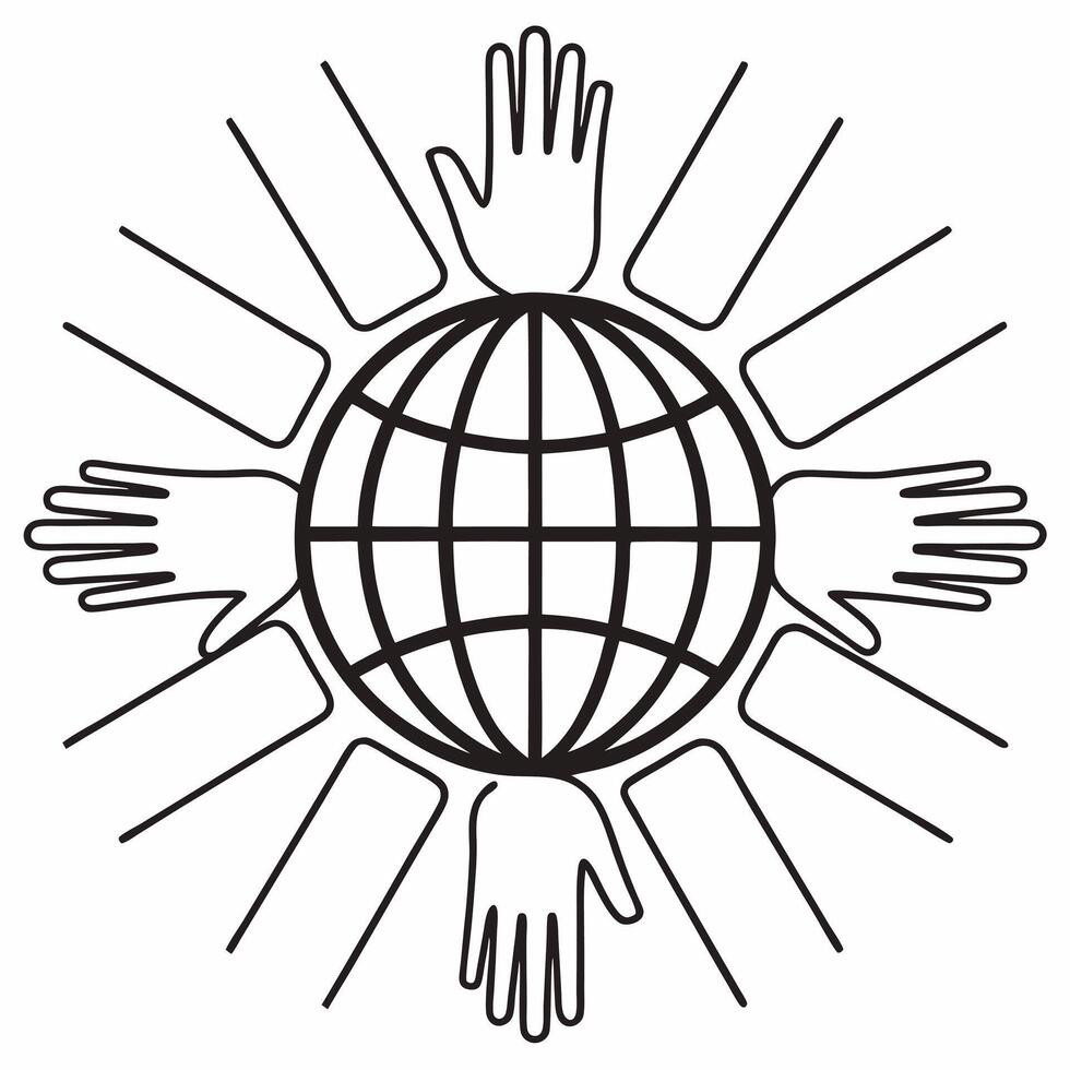Flat Macro of Hands Uniting over Digital Globe concept as A close up image of multiple hands reaching over a digital globe hologram The camera captures the hands and globe in deta Square Square vector