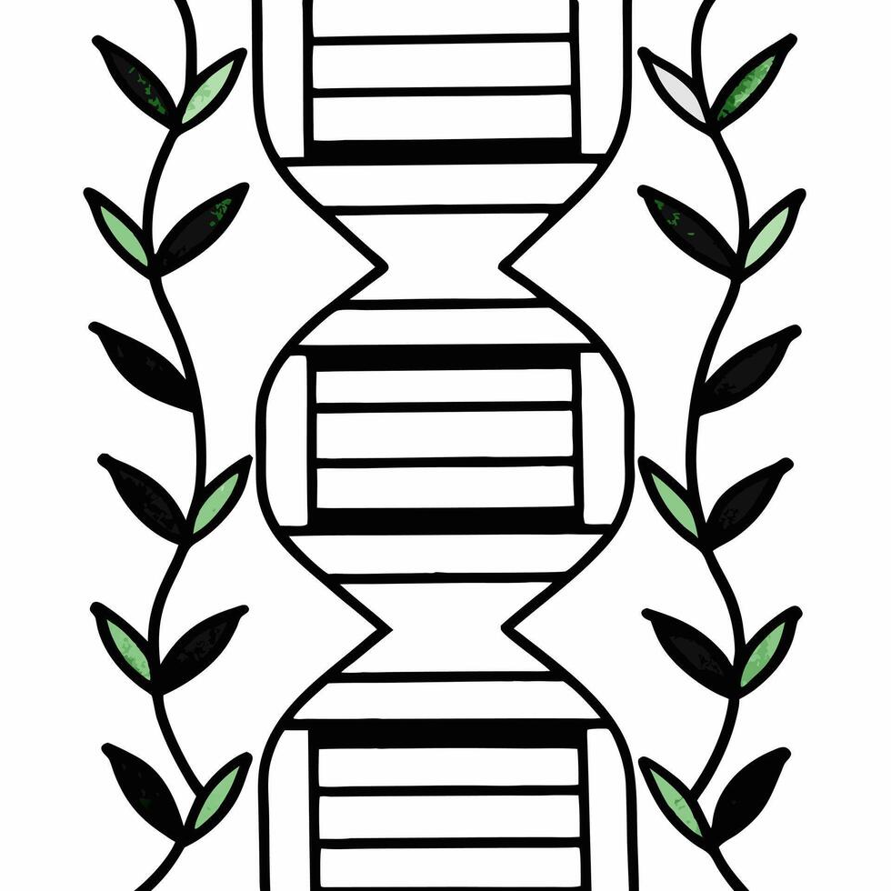Flat Macro of Holographic DNA Helix with Green Leaves concept as A close up image of a holographic DNA helix intertwined with green leaves The camera focuses on the fusion of biol Square Square vector