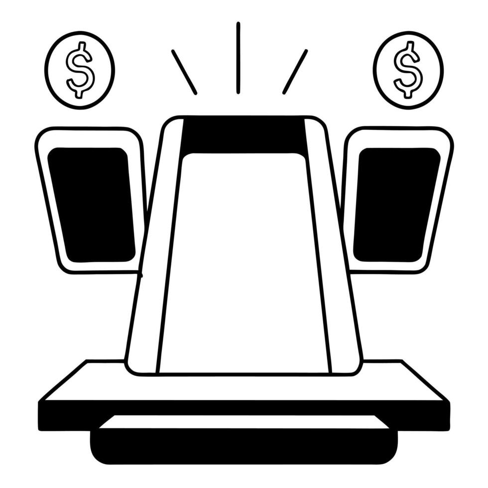 Flat Payment terminal with glowing dollar icon concept as A payment terminal sits on a white reflective counter with two holographic symbols floating above a glowing dollar sign an Square Square vector