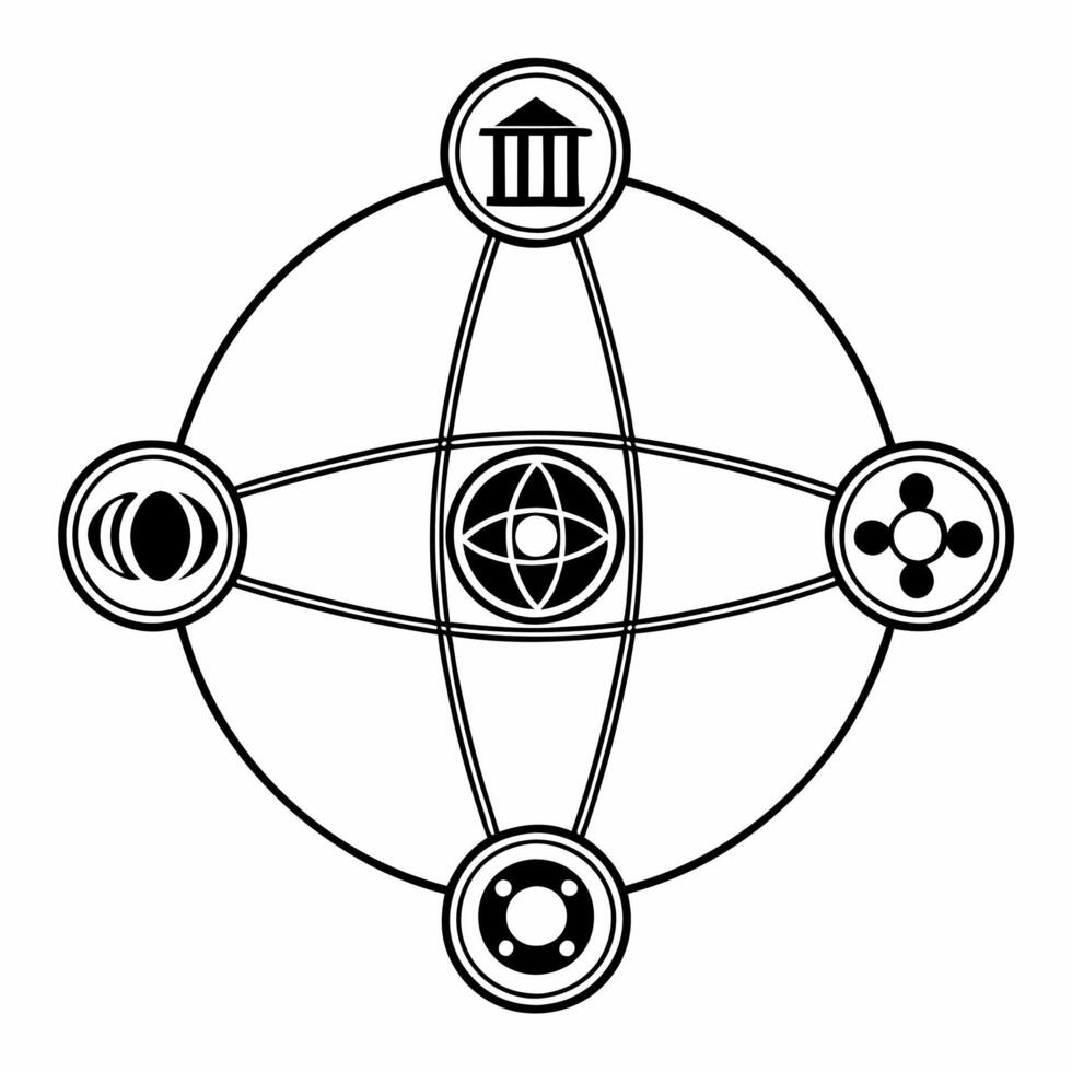 Flat Orbiting policy icons concept as Medium shot of various policy area icons orbiting around a central Democracy sphere Camera slowly circles the orbiting system revealing detai Square Square vector