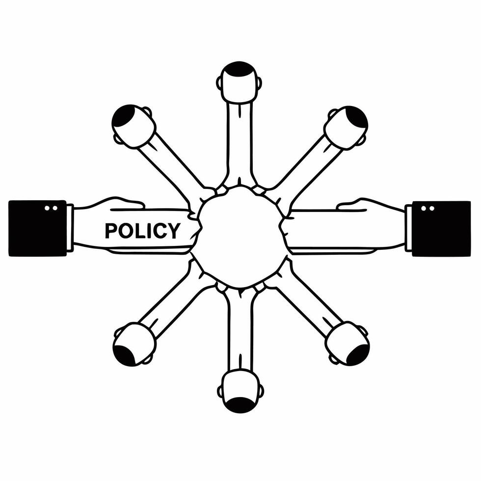 Flat Policy web in business handshake concept as Medium shot of two businesspeople shaking hands with a web of glowing policy keywords floating between them Camera slowly rotates Square Square vector
