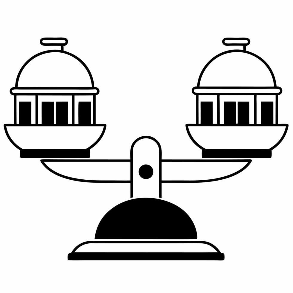 Flat Policy scale balancing icons concept as Illustration of a balance scale weighing different policy icons representing various political issues Camera slowly rotates around the Square Square vector
