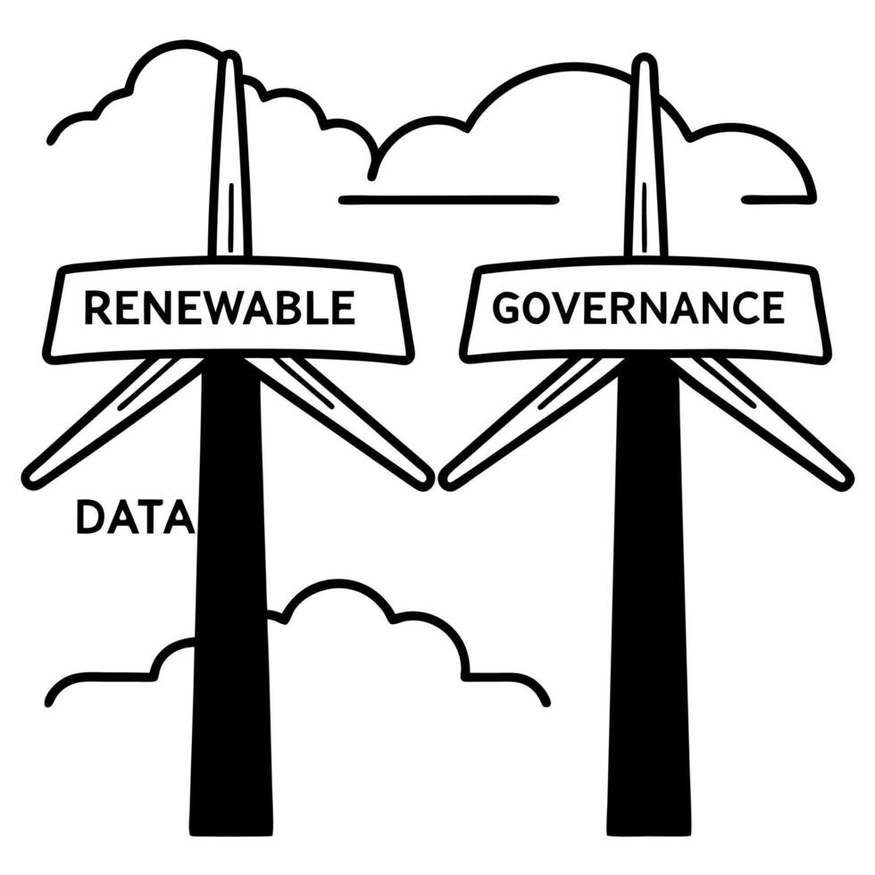 Flat Policy windmill farm in data clouds concept as Wide shot of a windmill farm with policy keywords on the blades set against a background of soft data cloud formations Camera s Square Square vector