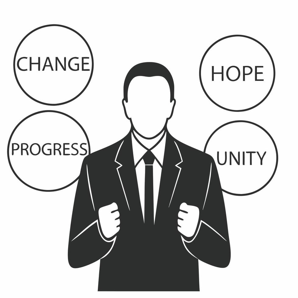 Flat Politician giving speech in word cloud concept as Medium shot of a politician gesturing while speaking surrounded by a floating word cloud of key campaign phrases Camera slow Square Square vector
