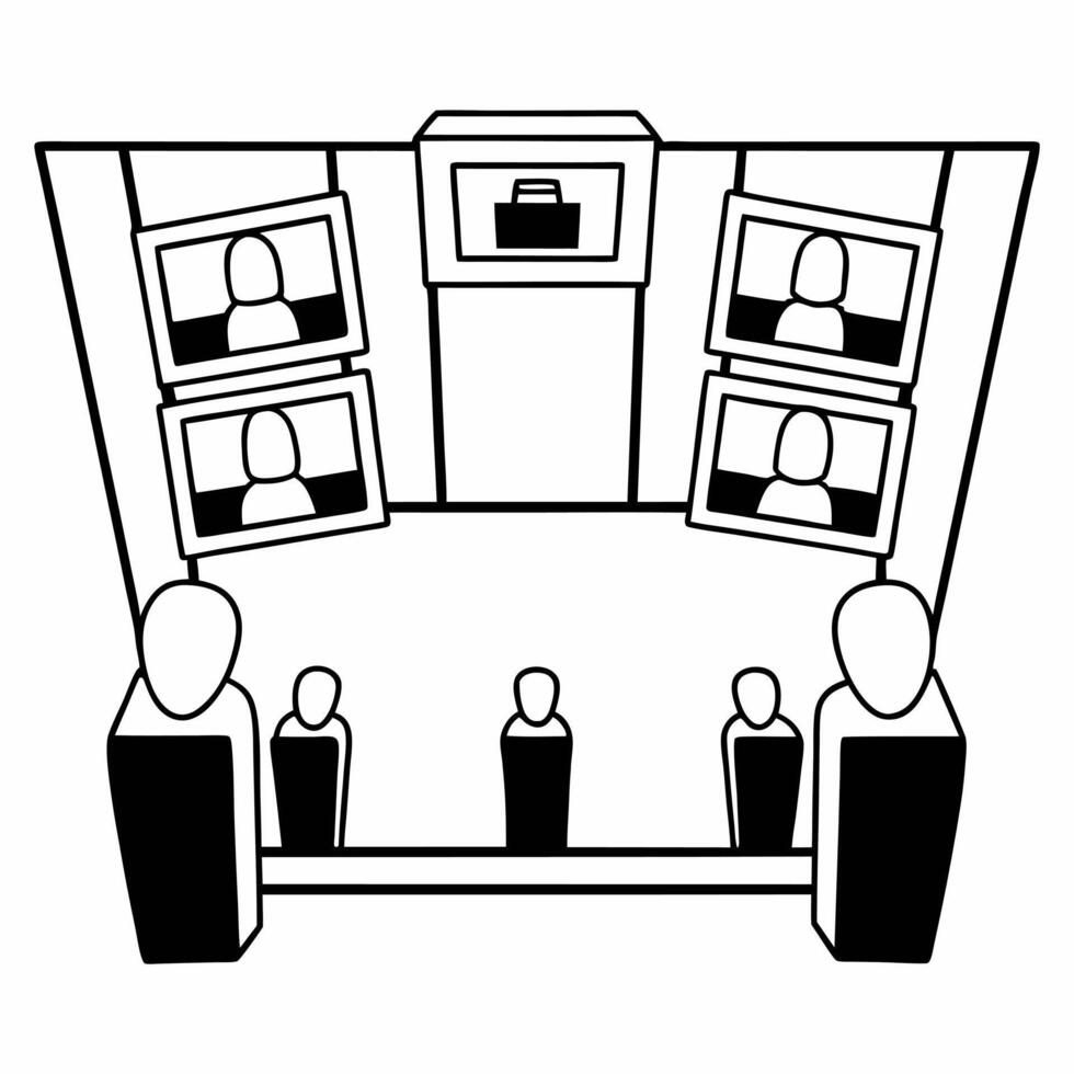 Flat Post debate spin room interactions concept as Wide shot of busy spin room zooming in on candidates surrogates and media interactions Camera captures rapid fire exchanges and Square Square vector