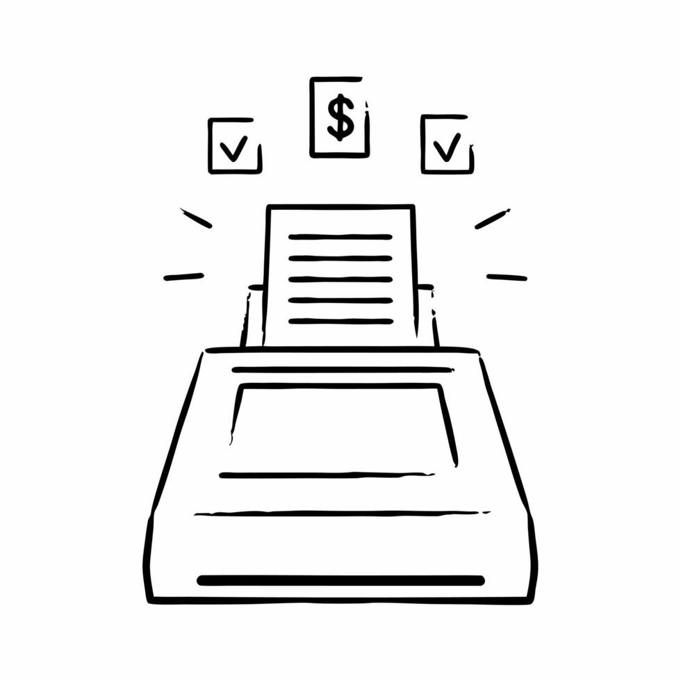 Flat Receipt printer with holographic symbols concept as A receipt printer on a glossy white desk emits a receipt with two holographic icons hovering above a glowing dollar sign an Square Square vector