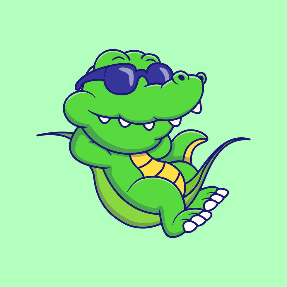 Relaxing Crocodile On a Leaf With Wearing Glasses Cartoon Illustration. Animal Summer Concept. Flat Cartoon Outline Style. vector